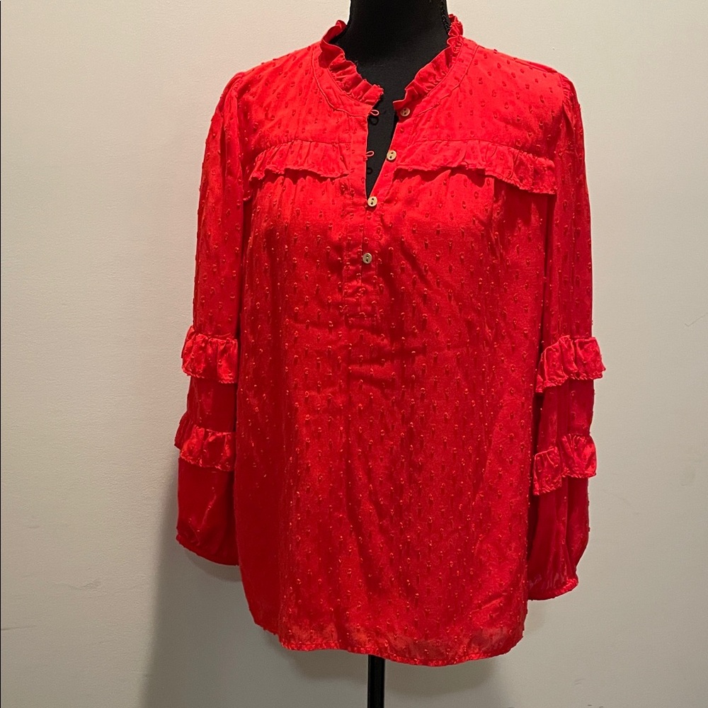 LOFT Women’s Swiss Dot Ruffle Blouse Size M Red Romantic Peasant Boho Adaptable - Picture 4 of 11